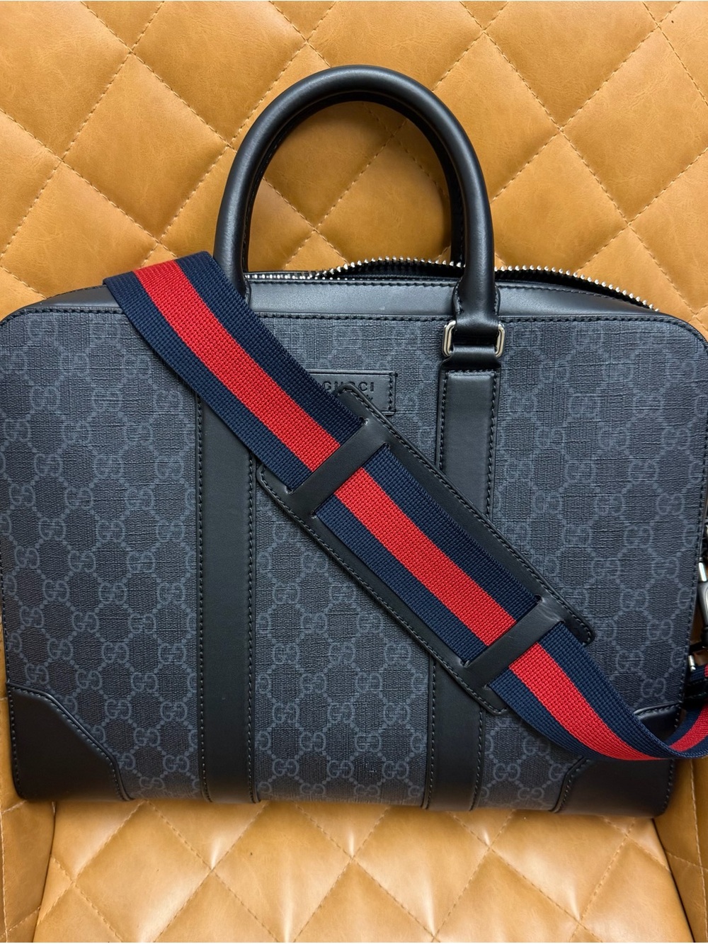 Gucci Black GG Supreme Laptop Bag with Navy & Red Web Strap
